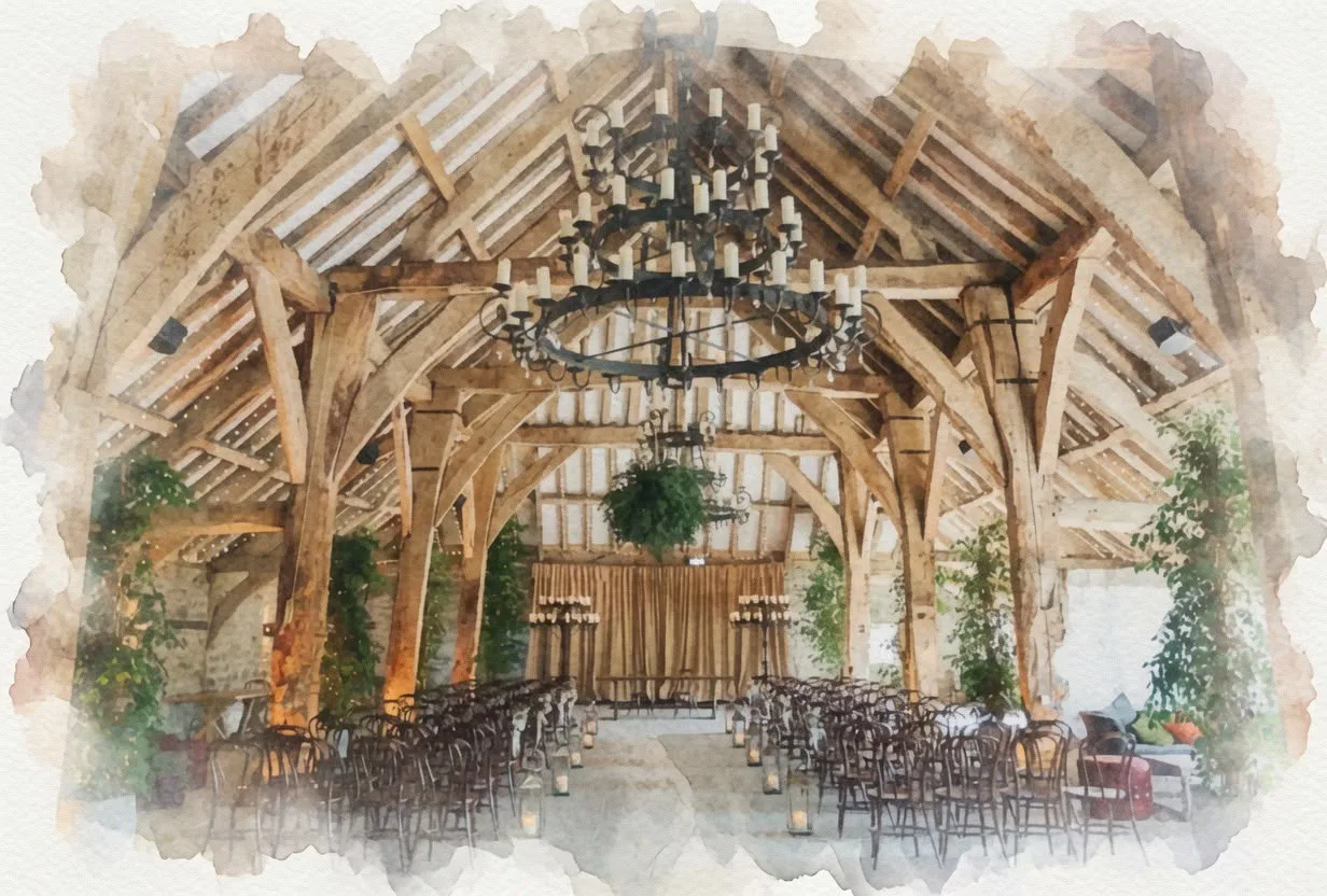 Watercolour of the Tithe Barn, with timber beams, candlelit chandeliers, and rows of chairs set for the wedding.